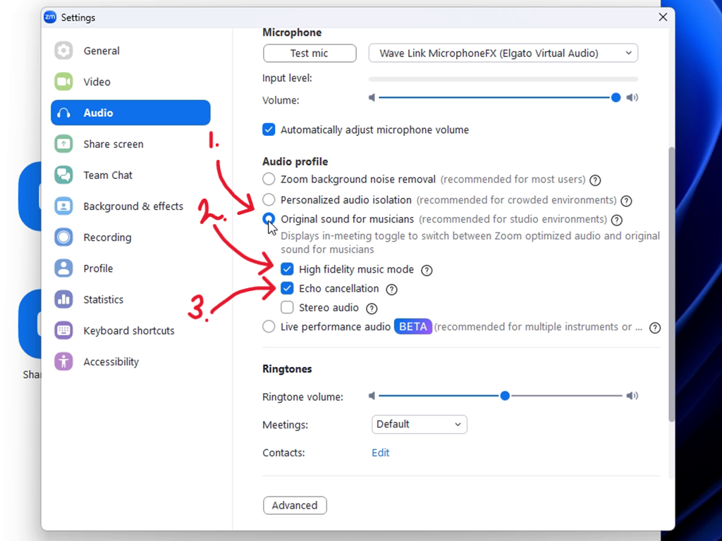 Turn on the radio button for Original sound for musicians.